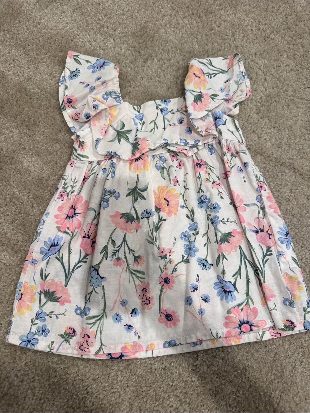 H&M White Floral Ruffle-Sleeve Sundress with Pink, Blue, Yellow Flowers